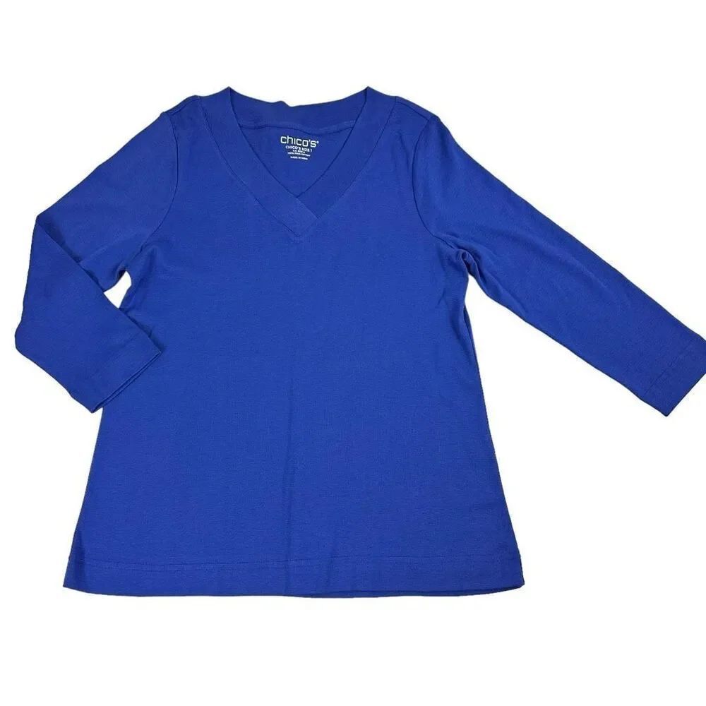 Chico’s Pima V Neck Top size Medium Blue